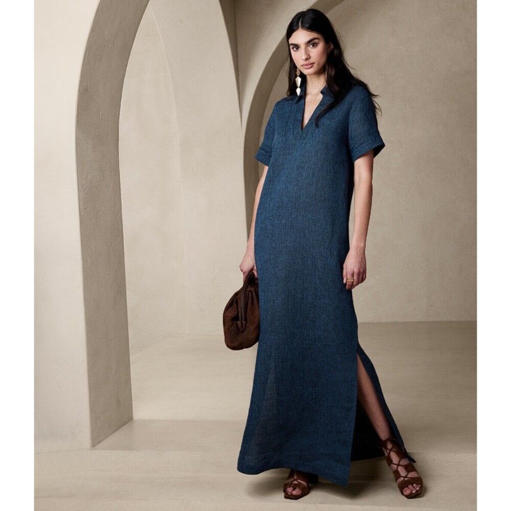 BANANA REPUBLIC Women's Cruz Linen Maxi Shirtdress Size S In Indigo